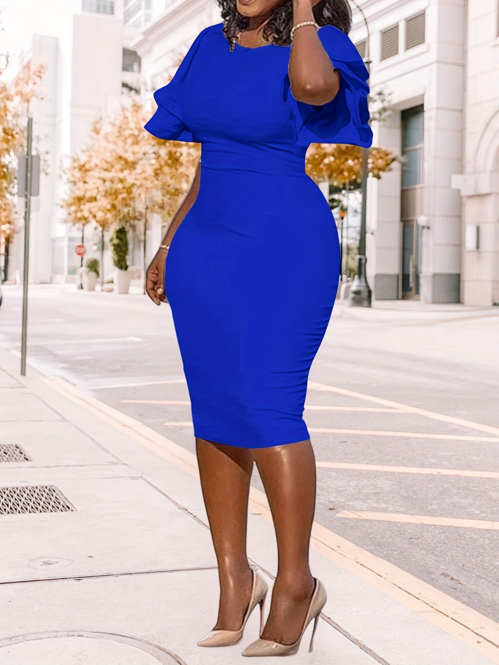 SHOWLU FASHION women's ruffle sleeve bodycon midi dress with fitted silhouette and elegant ruffle accents, perfect for parties.