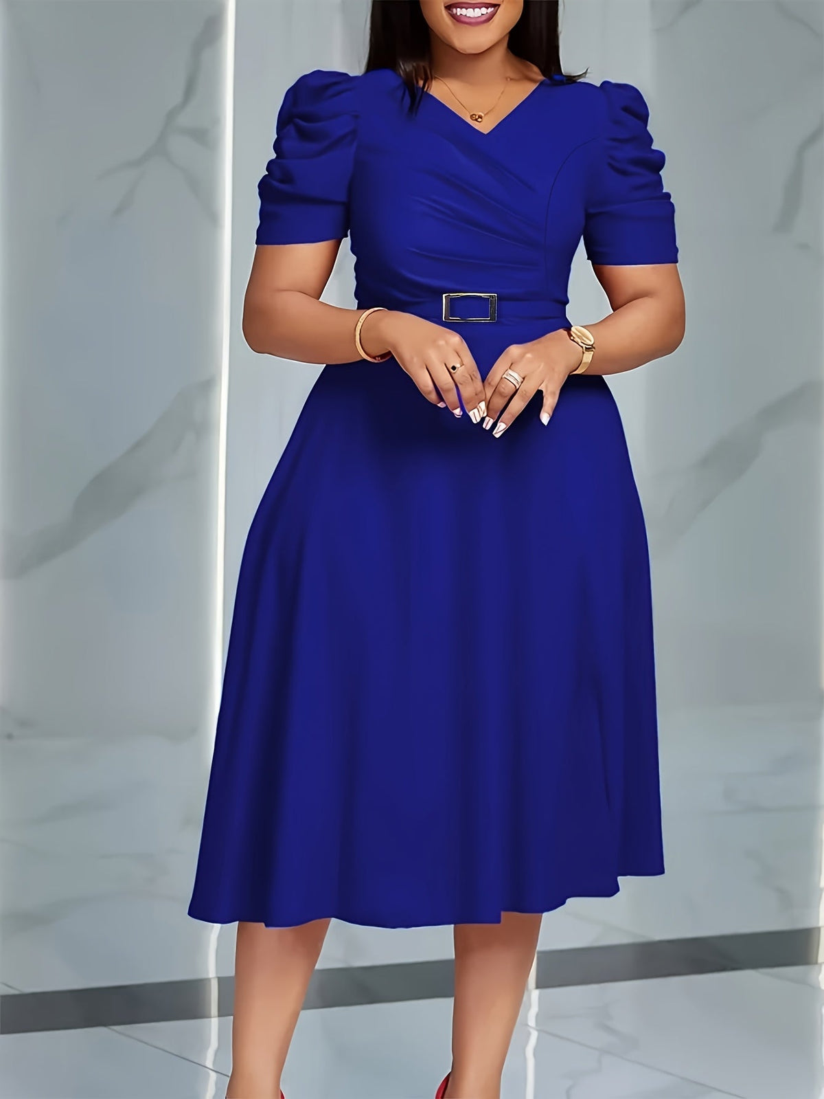 Red women's v-neck ruffle swing dress by SHOWLU FASHION with a belted waist, made of polyester fabric, perfect for stylish occasions.