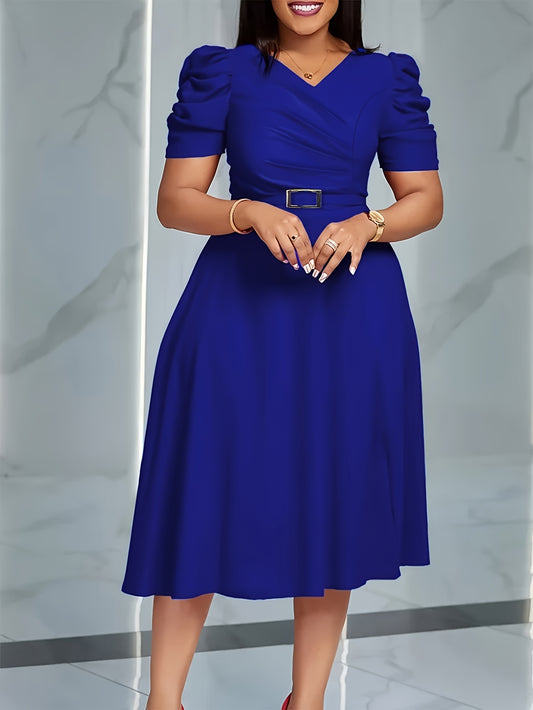 Women'S Stylish Red V-Neck Ruffle Swing Dress - Fitted, Short Sleeve, Belted, Perfect for Spring/Summer, Casual to Formal Attire, Casual Attire | Ruffle Detail | Vneckline Dress