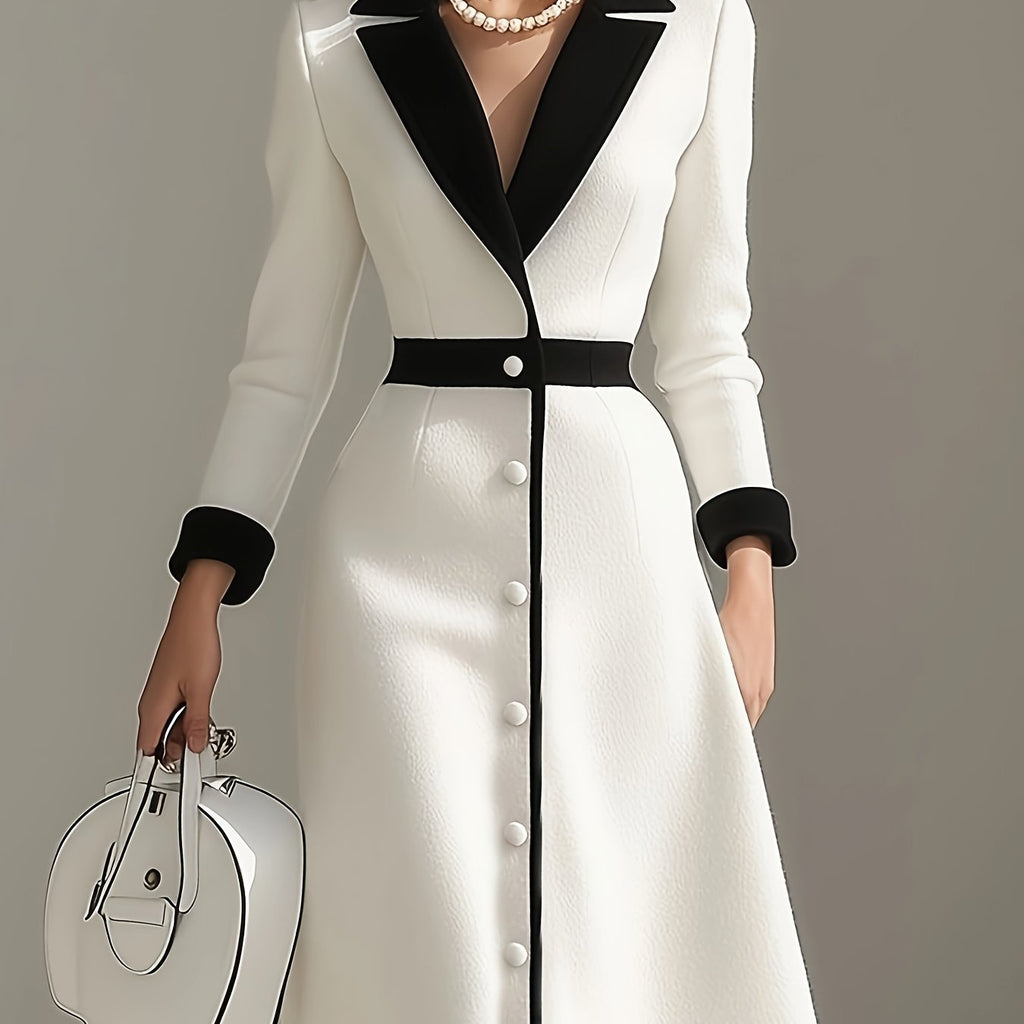 Elegant color-block midi dress for women with long sleeves and lapel by SHOWLU FASHION STORE, perfect for stylish occasions.