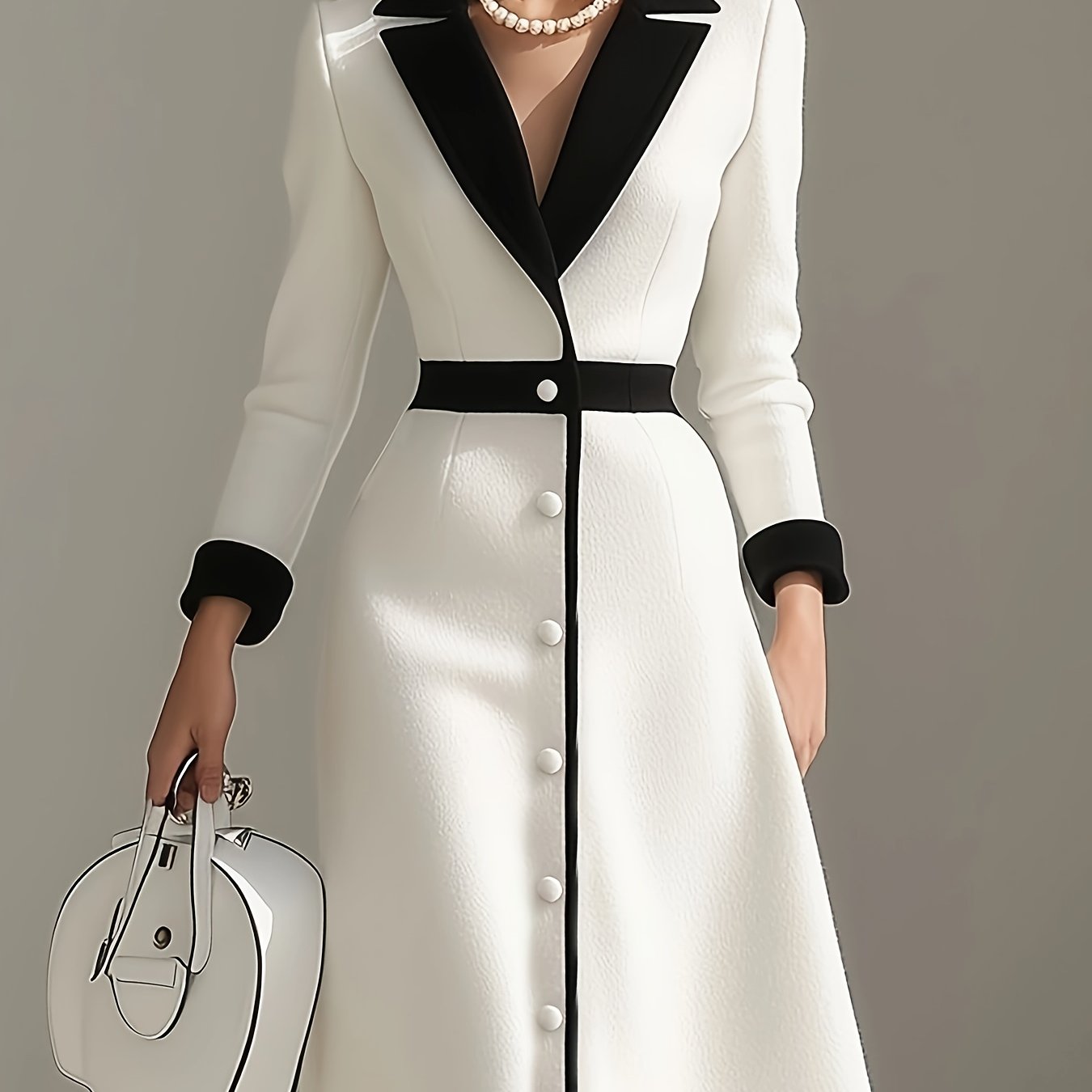 Elegant color-block midi dress for women with long sleeves and lapel by SHOWLU FASHION STORE, perfect for stylish occasions.
