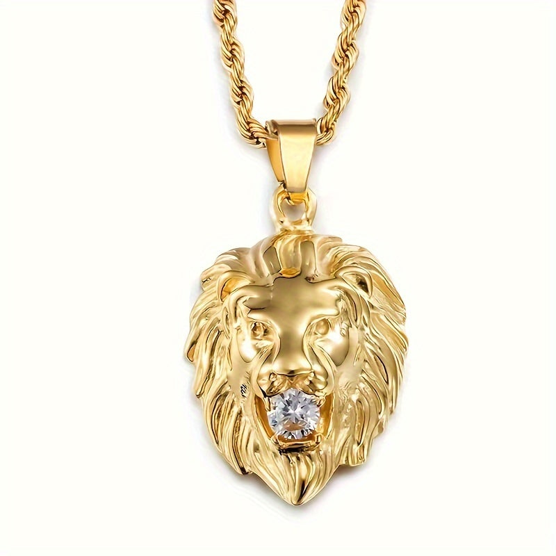 Golden lion head pendant necklace on stainless steel chain, hip-hop jewelry style, featuring detailed lion face design.