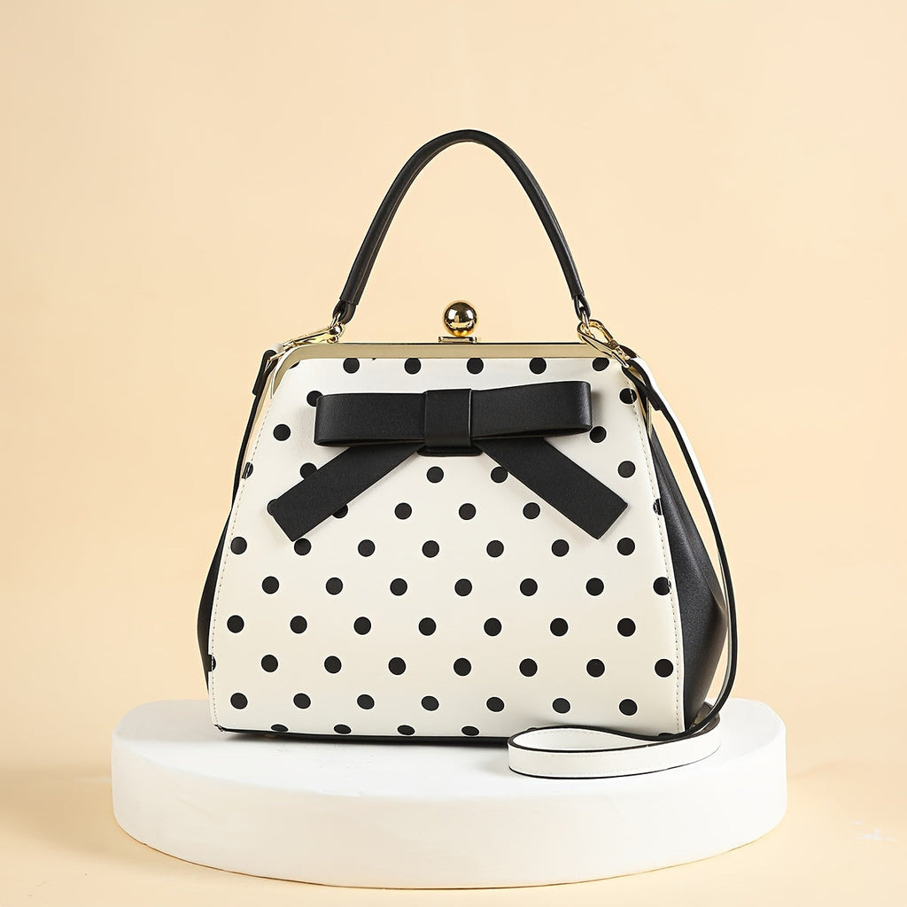SHOWLU Polka Dot Patent Leather Handbag with Bow, kiss lock closure, and stylish design for women.