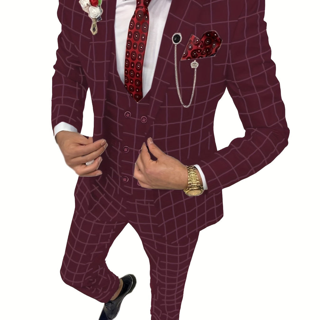 SHOWLU FASHION men's 3-piece slim fit plaid suit with peak lapel tuxedo, featuring jacket, vest, and matching trousers.