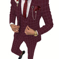 SHOWLU FASHION men's 3-piece slim fit plaid suit with peak lapel tuxedo, featuring jacket, vest, and matching trousers.