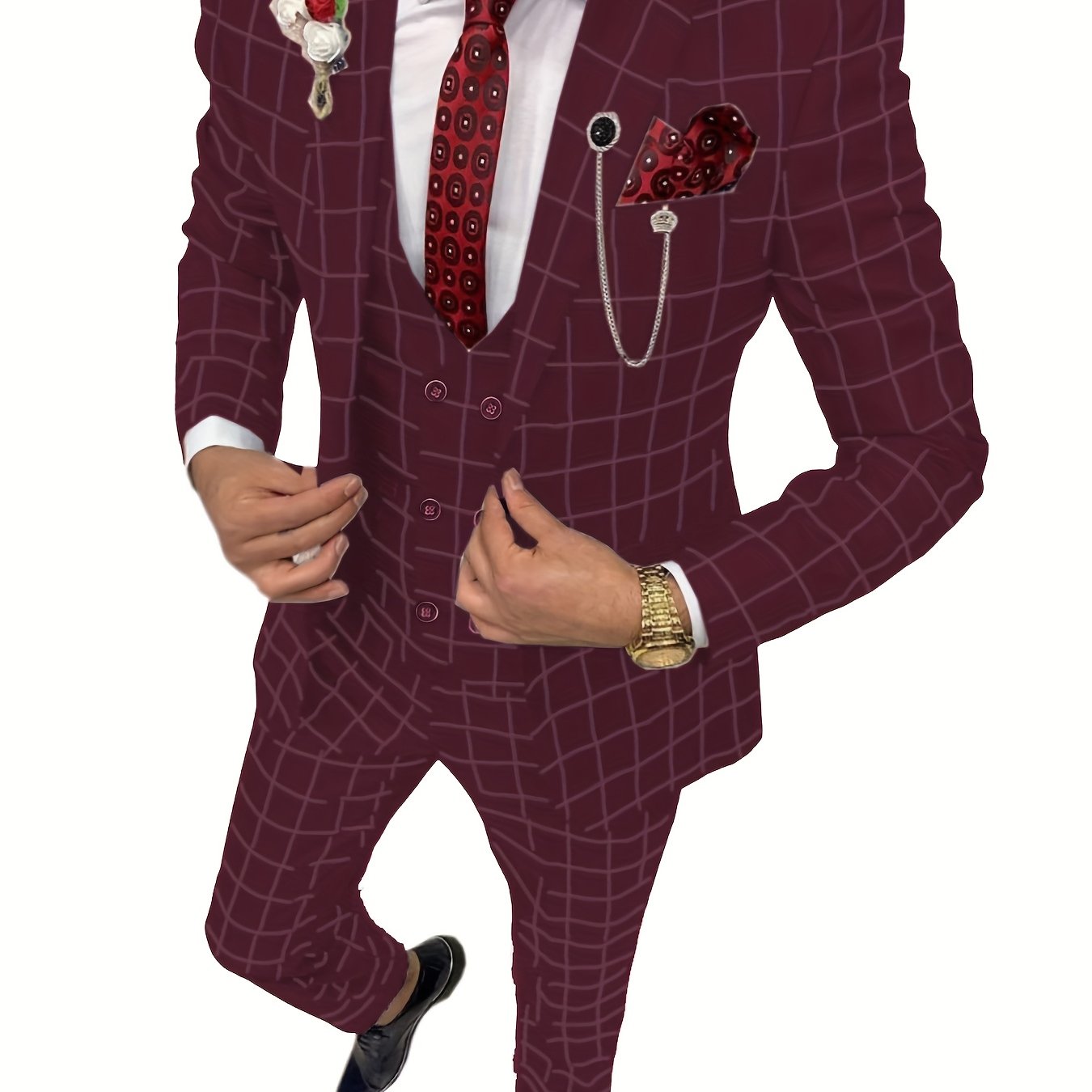 SHOWLU FASHION men's 3-piece slim fit plaid suit with peak lapel tuxedo, featuring jacket, vest, and matching trousers.
