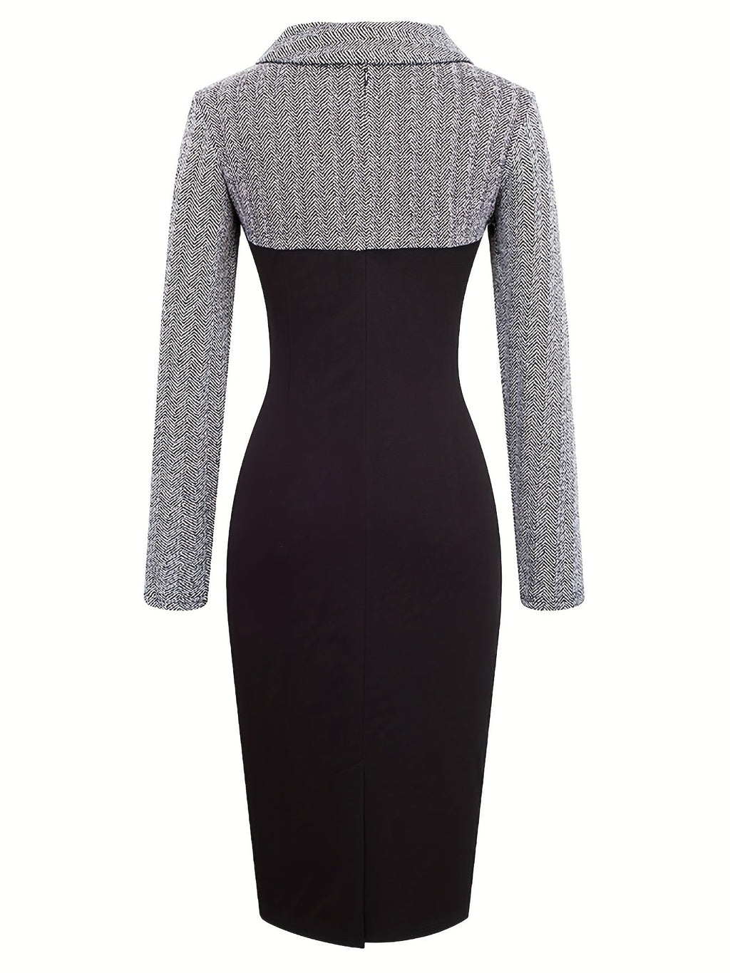 SHOWLU Women's color block pencil dress with long sleeves, slim fit, and knit fabric, styled for a chic, modern look.