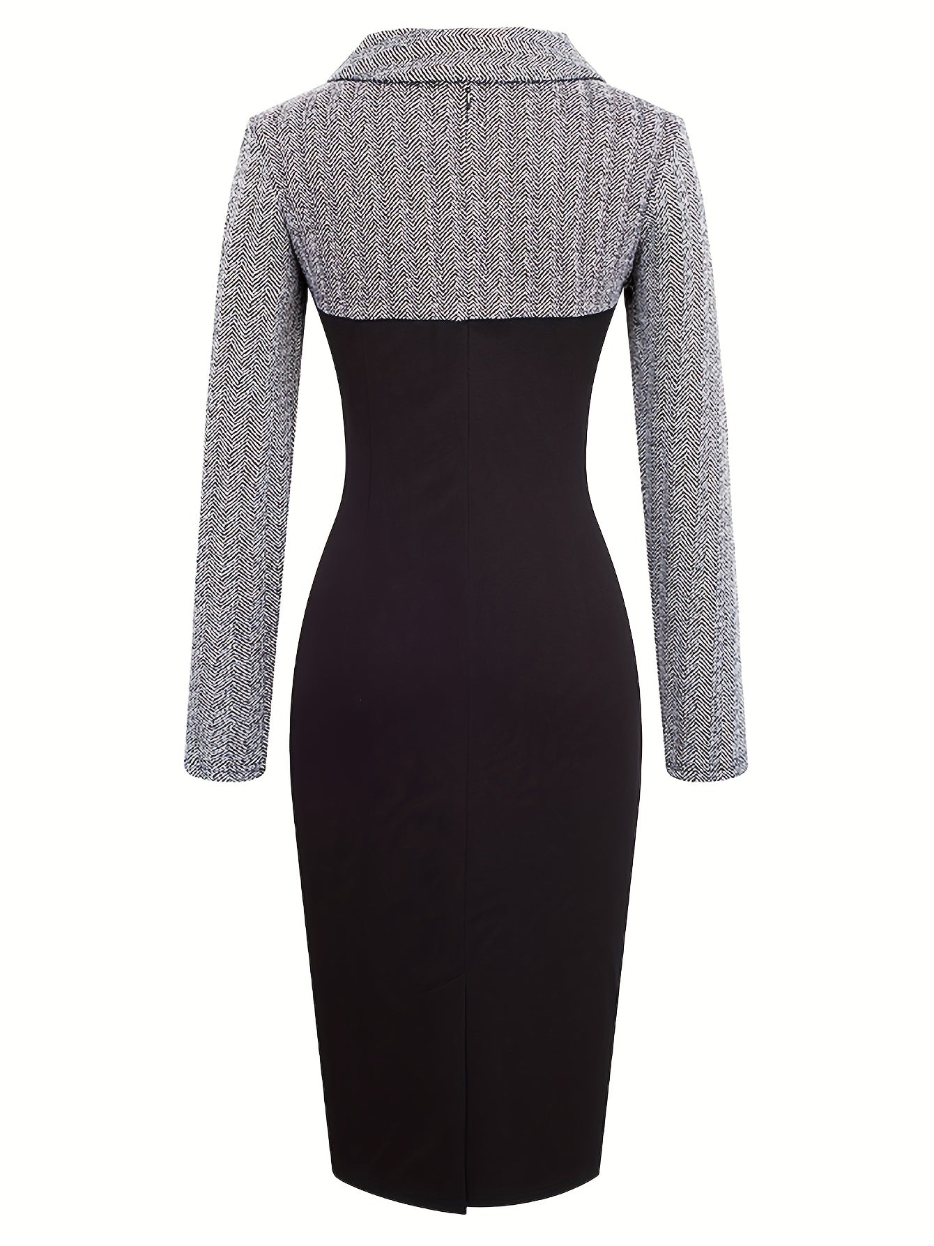 SHOWLU Women's color block pencil dress with long sleeves, slim fit, and knit fabric, styled for a chic, modern look.