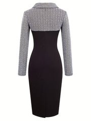 Women'S Elegant Black and Beige Color Block Pencil Dress - Slim Fit, Long Sleeve, Round Neck with Button Detail, Perfect for Spring/Summer, Adult Fashion, Elegant Attire|Sleek Fitted Design|Polyester Fabric
