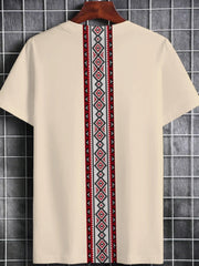 Men's Ethnic Geometric Embroidery T-Shirt - Premium Fabric, Comfort Fit Round Neck, Machine Washable Casual Top for Casual Attire, T Shirt, Durable Fabric Shirt