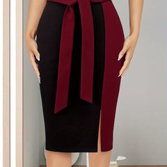Women's Elegant Slim-Fit Color-Block Midi Skirt - Black to Burgundy Ombre with Adjustable Ribbon Bow Detail, Machine Washable H-Silhouette for Spring/Summer Office to Party Wear, Cute Skirts, Sophisticated Texture