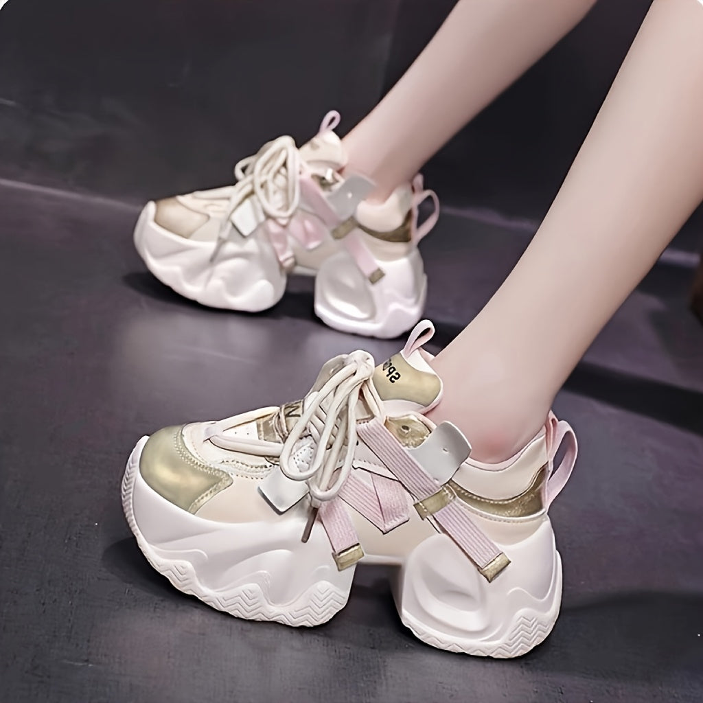 SHOWLU Women's chunky platform sneakers in white and pink, high-top shoes with thick sole and stylish design.
