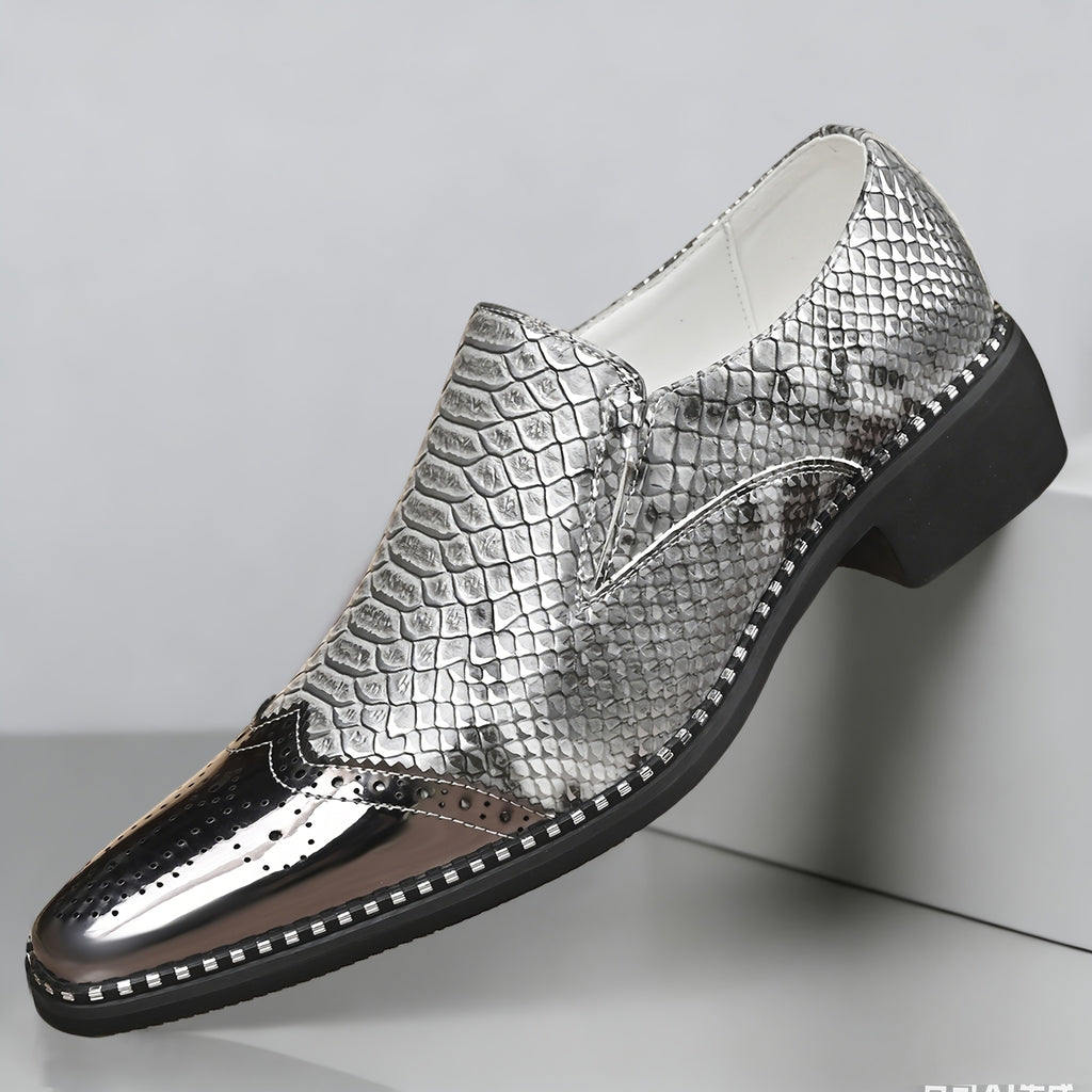 Men's snake scale patchwork slip-on formal shoes with chunky heel by Showlu Fashion, featuring a stylish, textured design.