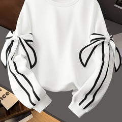 [Women's Sweatshirt] Women's Autumn Winter Casual Chic Sweatshirt - White Long Sleeve Ruffled Sleeve Accents, Machine Washable Warm Pullover for Everyday Outfits, Cute Sweatshirts, Youthful Fashion Top, Decorative Sleeve Ties