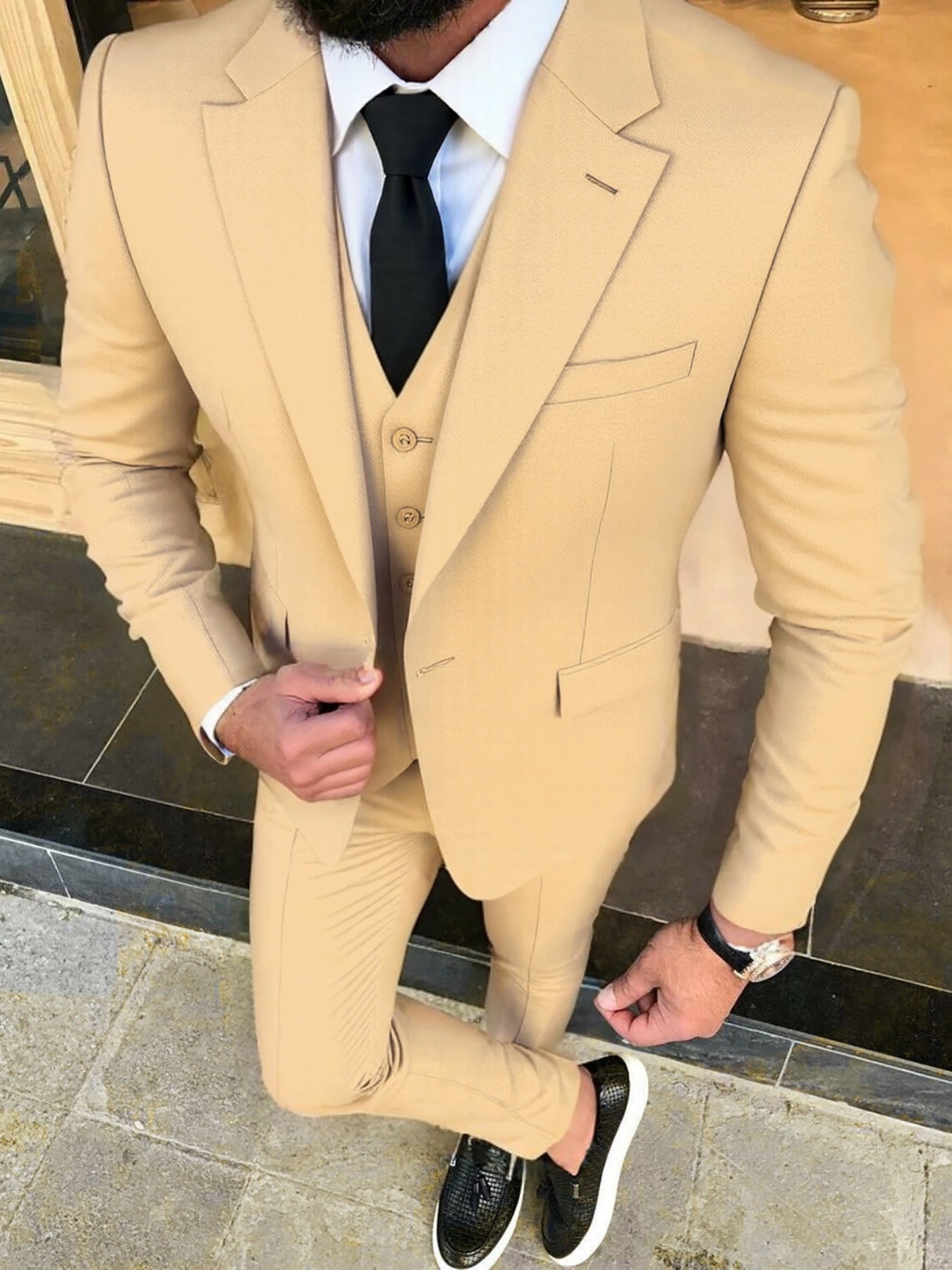 Men's three-piece formal wedding suit by SHOWLU FASHION, solid woven tuxedo with jacket, vest, and trousers for elegant occasions.