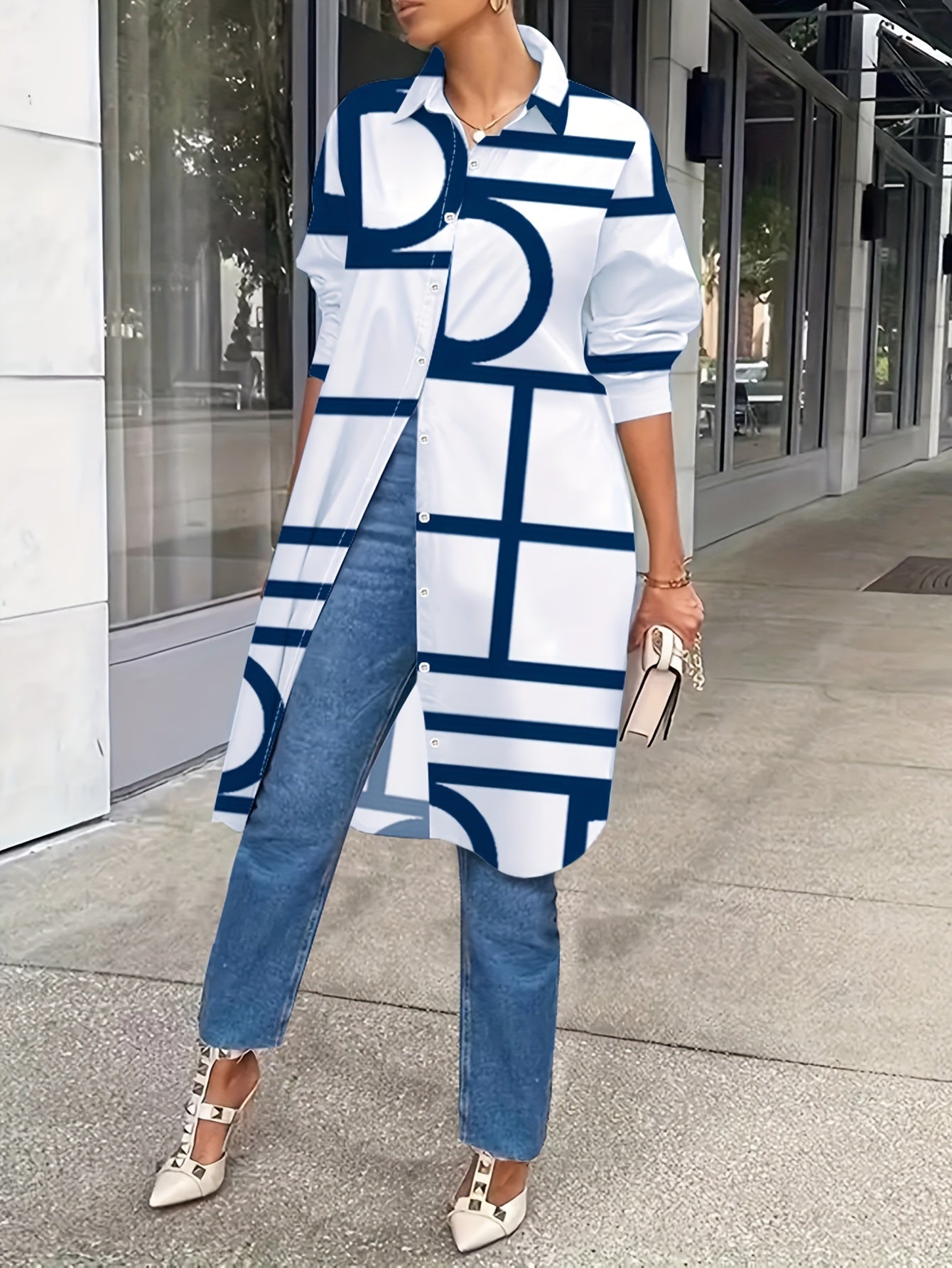 SHOWLU Women's long sleeve print shirt with casual lapel and button front, stylish and comfortable for everyday wear.