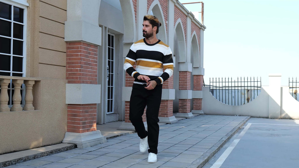 Men's striped ribbed knit sweater with long sleeves and crew neck by SHOWLU FASHION STORE, showcasing a casual pullover style.