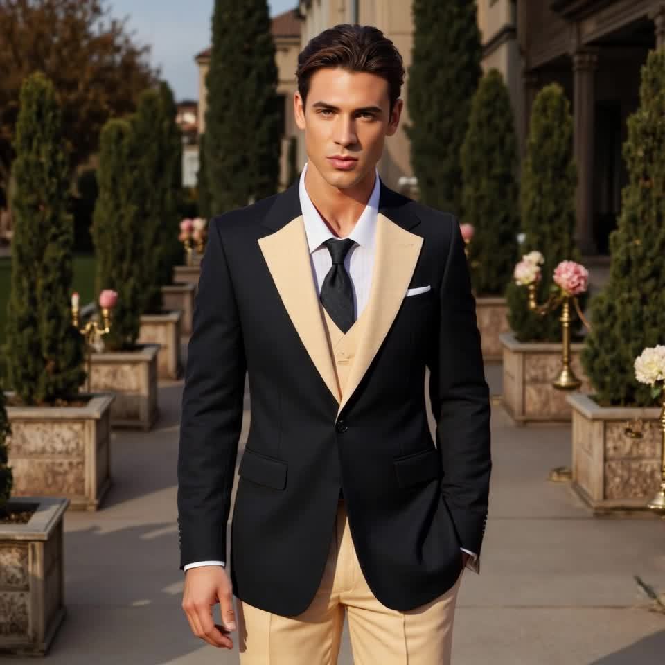 SHOWLU men's 3-piece slim fit wedding tuxedo with jacket, vest, and pants, tailored for a formal occasion.