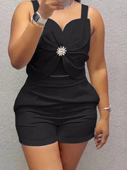 2pcs Outfit 3D Flower Thick Strap Crop Tank And Casual Pocket Design Shorts Set