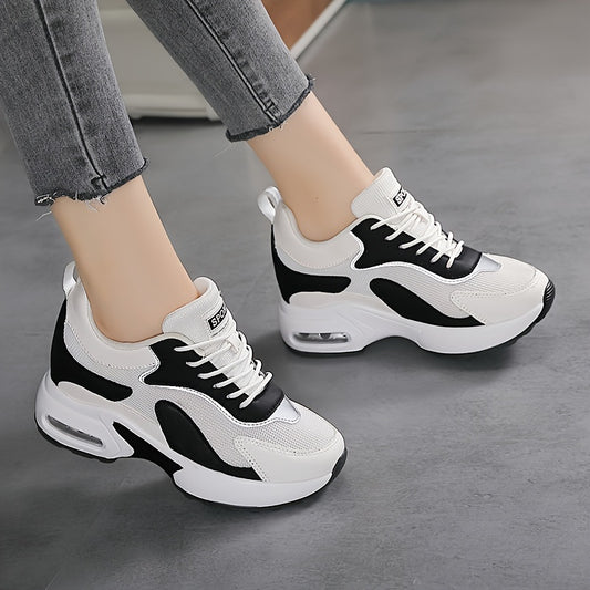 Women's Geometric Color-Block Low-Top Sneakers - Breathable Mesh & Lace-Up Closure, All-Season Comfort with PU Cushioned Sole for Casual & Light Athletic Wear, Ladies Sneakers, Everyday Comfort Shoes, Comfortable Shoe Design