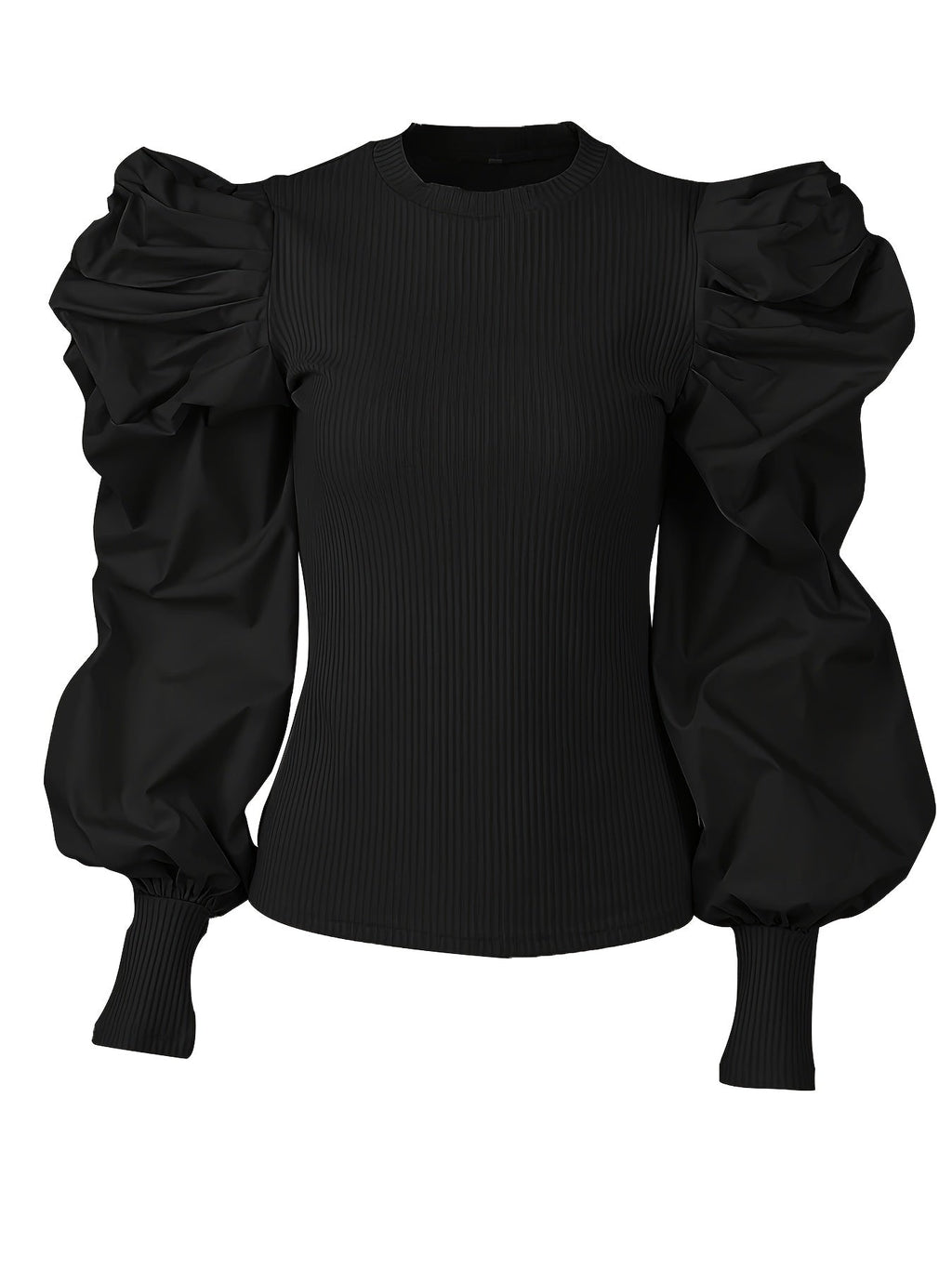 Black ribbed blouse for women with puff sleeves and crew neck, stylish top from SHOWLU FASHION STORE.