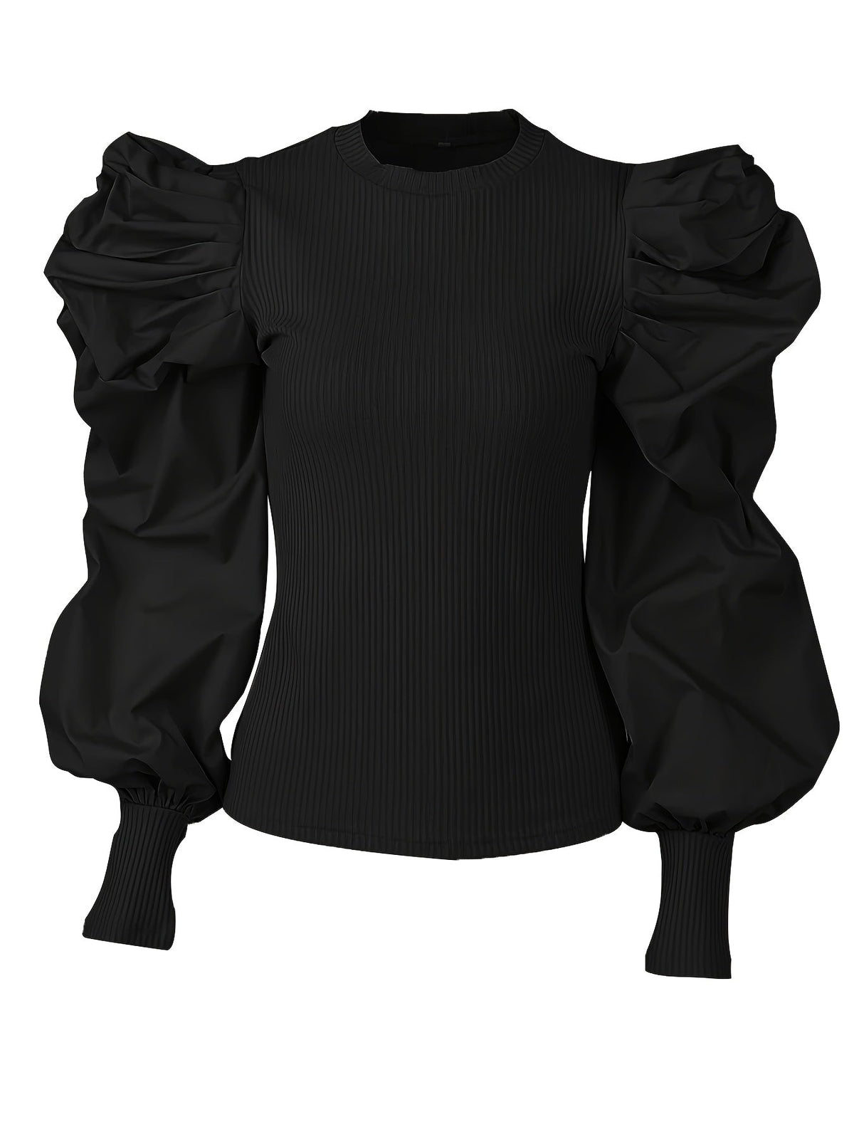 Black ribbed blouse for women with puff sleeves and crew neck, stylish top from SHOWLU FASHION STORE.