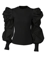 Women'S Black Ribbed Blouse with Puff Sleeves & Round Neck - Stylish Layering Piece for Casual or Formal Outfits, Allseason Top | Ribbed Texture Top | Construction, Ladies Blouses