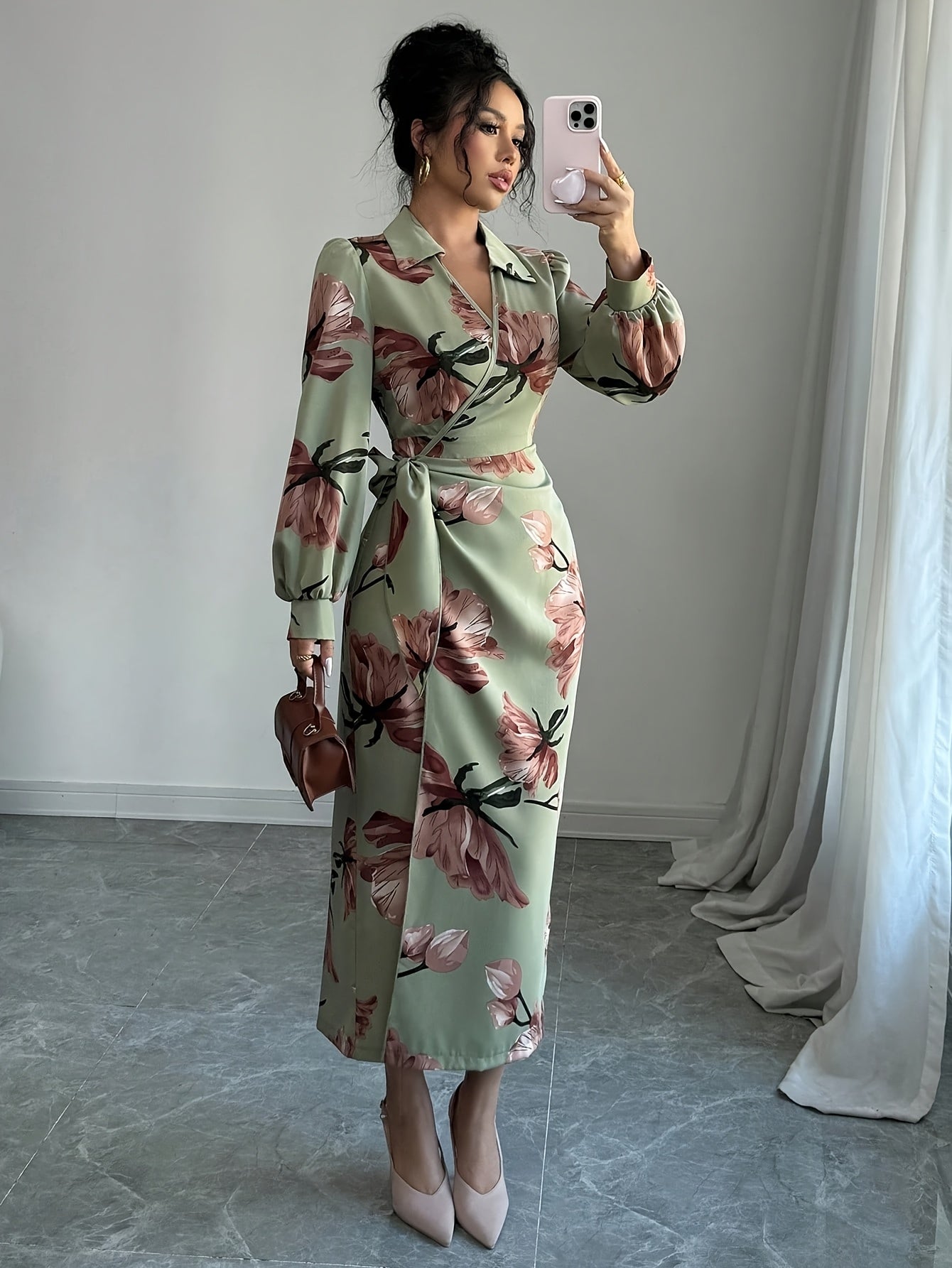 SHOWLU FASHION floral V-neck midi dress with long lantern sleeves and bodycon fit, showcasing a vibrant floral pattern.