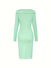 [Mint Green Dress] Polyester Elegant Mint Green Off-Shoulder Long Sleeve Bodycon Dress | Floral Embellishments, Perfect for Adult Women, All-Season Wear, Formal Evening Gown