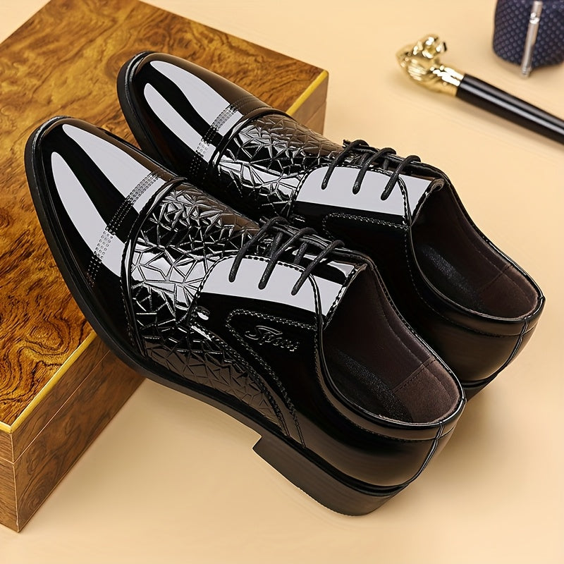 Men's glossy brown faux leather pointed toe dress shoes by Showlu Fashion Store, perfect for business or formal occasions.
