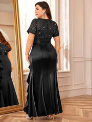 P54328A Elegant Plus Size Lace Satin Sequin Bridesmaid Dress, Round Neck, Short Sleeves, Ruffled Mermaid Hem, Perfect For Weddings, Parties, Formal Events