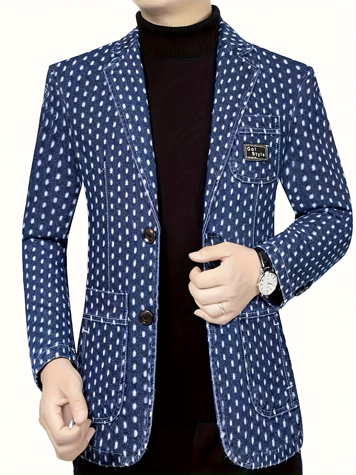 SHOWLU Men's denim blazer with loose fit and polka dot pattern, casual jacket for stylish, comfortable wear