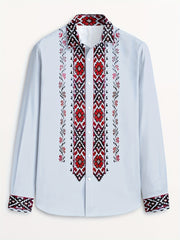 Men's Tribal Ethnic Print Long Sleeve Dress Shirt - 100% Polyester, Classic Collar & Button-Up Front, Machine Washable, Spring/Fall Casual to Formal Wear
