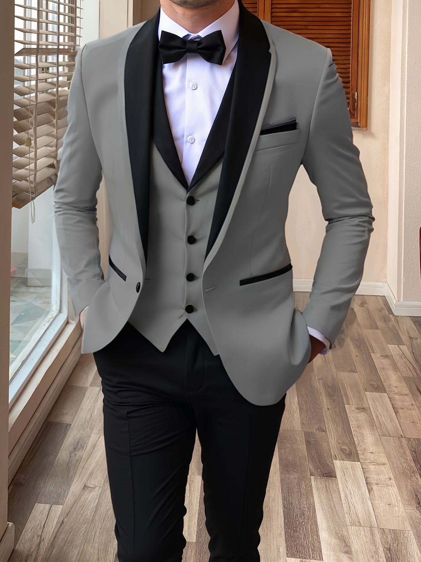SHOWLU FASHION men's 3-piece slim fit suit with shawl lapel, formal wedding set, includes jacket, vest, and trousers.