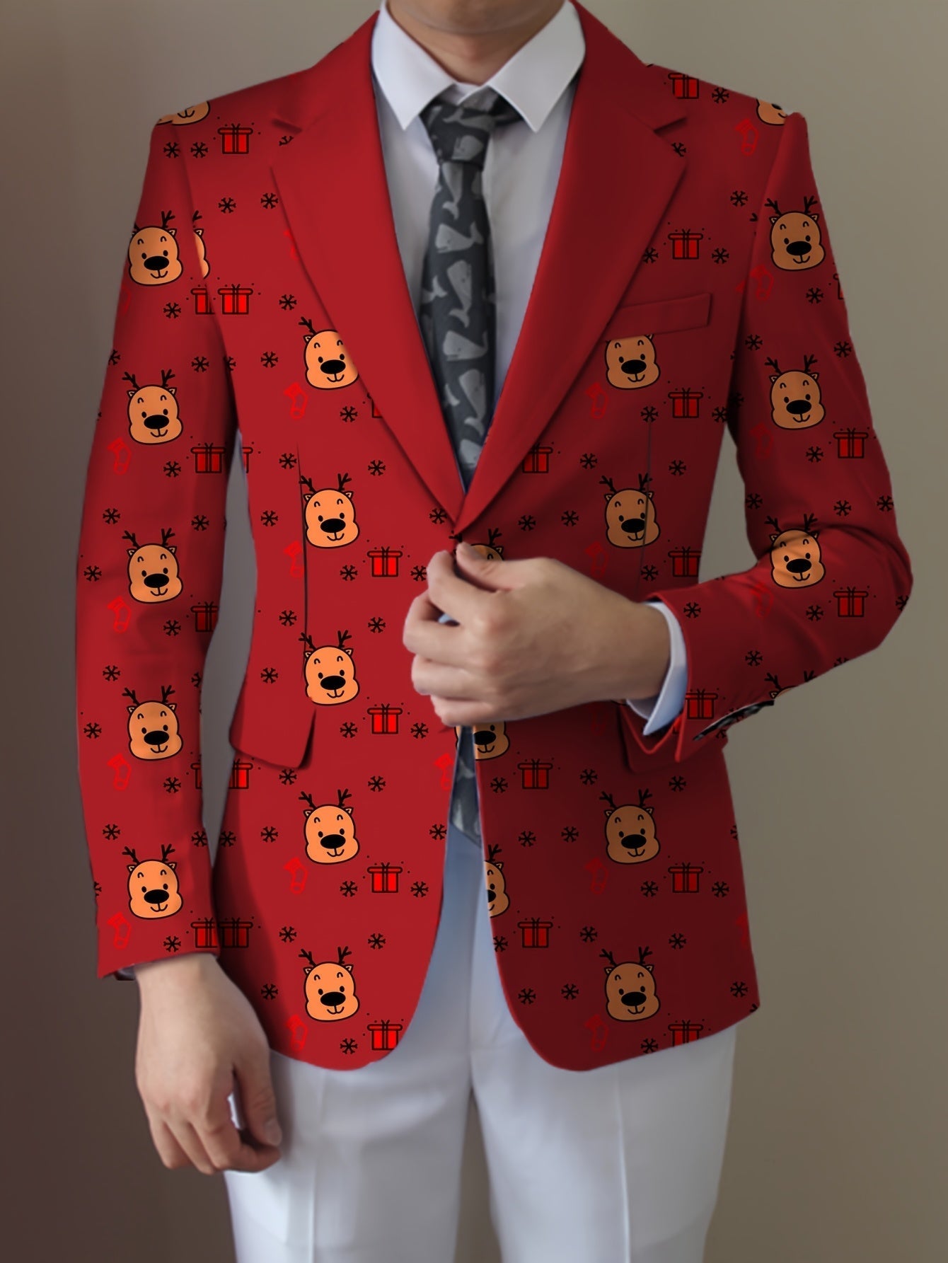 Men's casual blazer by SHOWLU FASHION with cartoon face and stripe design, featuring a notch lapel and stylish suit style.