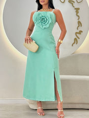 Spaghetti Strap 3D Flower Decor Sleeveless Party Dress Casual Slit Slim Fit Midi Dress
