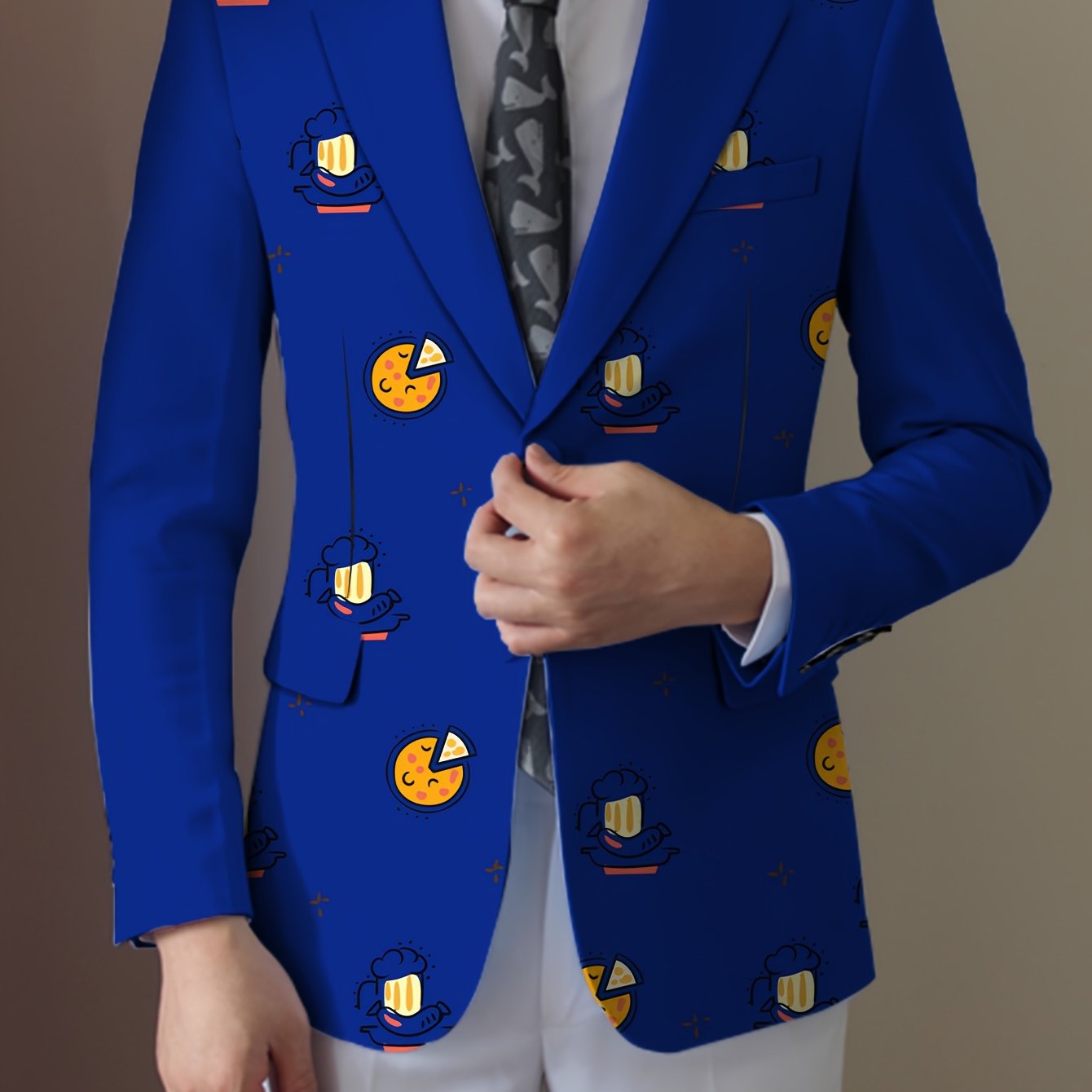 SHOWLU Men's casual blazer with food cartoon design, regular fit lapel suit jacket, stylish and fun for casual occasions.