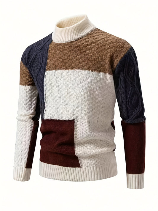 [Korean Style, Men's Pullover] Trendy Korean Style Men's Autumn and Winter Color Block Stand Collar Long Sleeve Loose Casual Comfortable Daily Commute Pullover