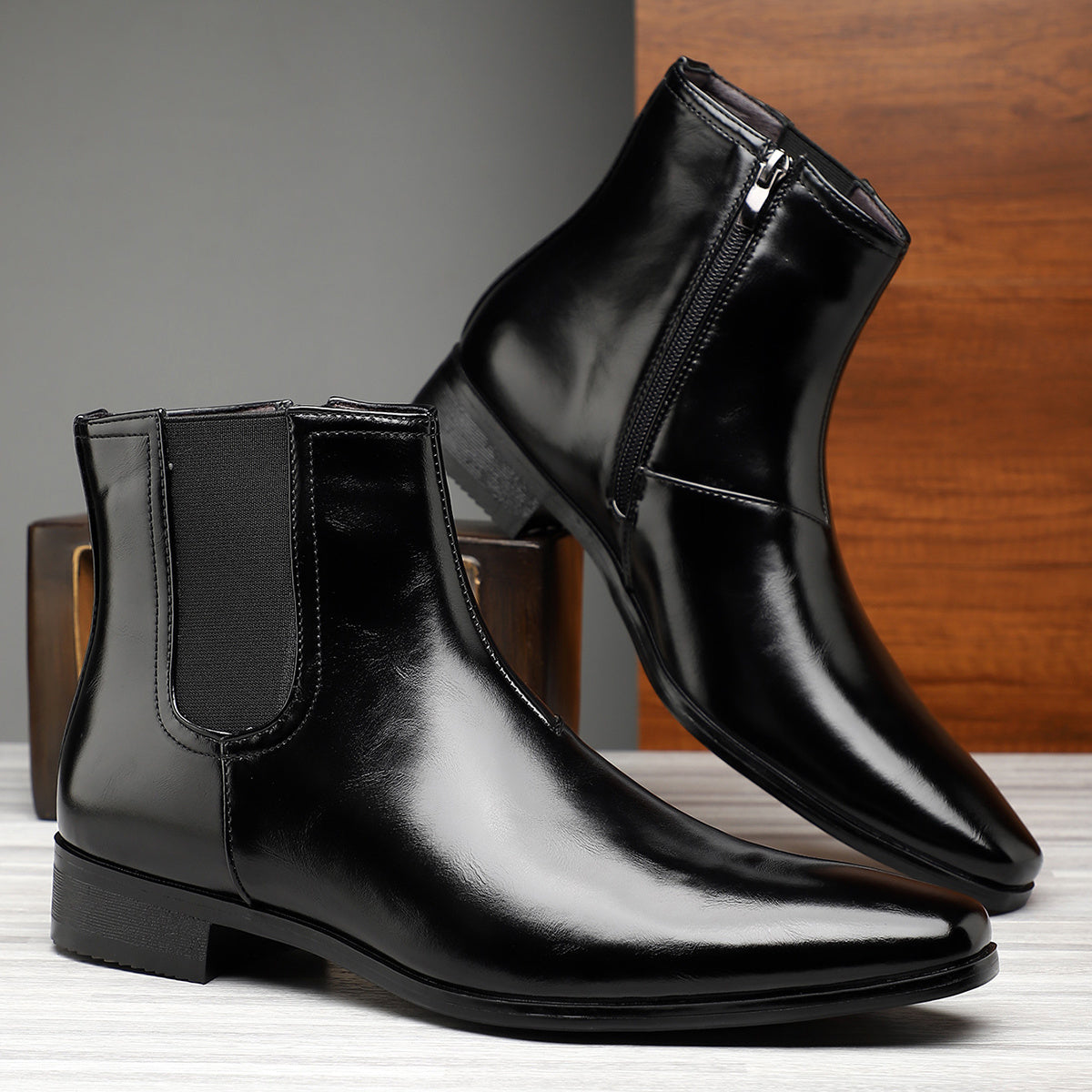 SHOWLU Men's retro brown ankle boots with side zipper, made of PU leather, stylish men's footwear for casual and formal wear.