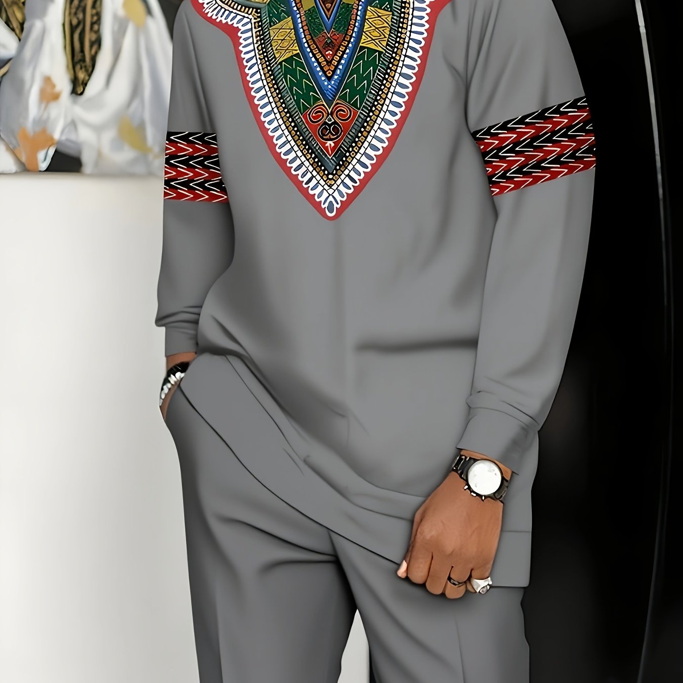 Men's African-inspired knit suit by SHOWLU, white polyester plus size set featuring intricate patterns and traditional design elements.