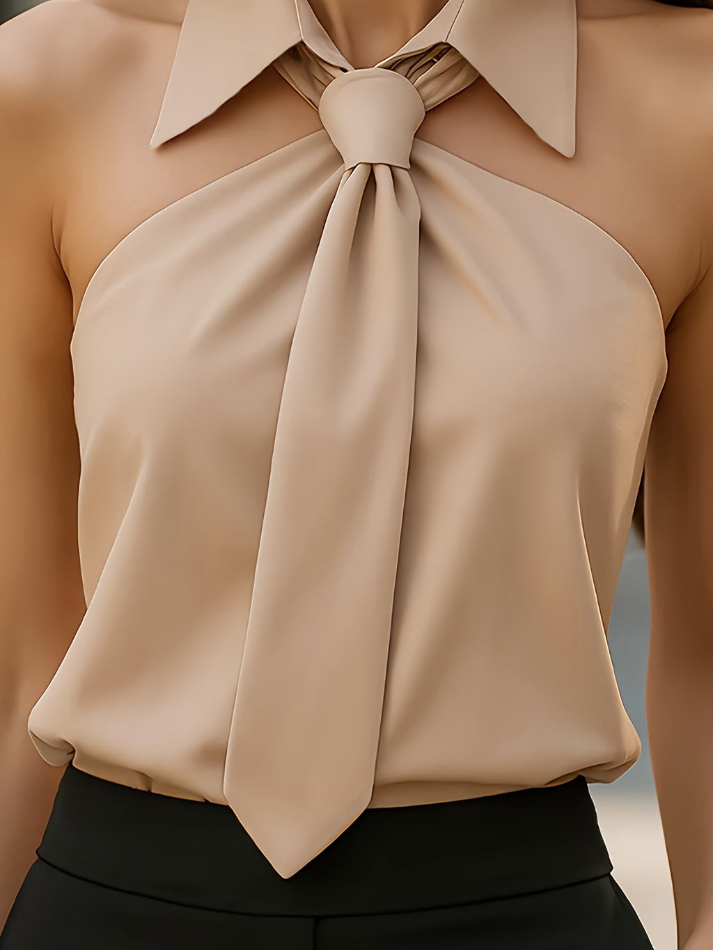 Beige tie-neck sleeveless ruffled blouse from SHOWLU FASHION STORE, stylish women’s top with feminine ruffle details and elegant design.
