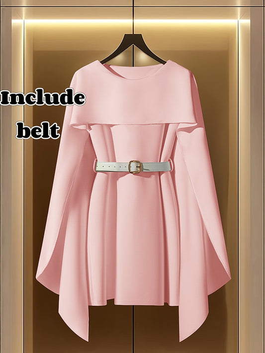 [Elegant Dress] Elegant Apricot Women's A-Line Dress | Puff Sleeve, Adjustable Waist Belt, Round Neck, Knee-Length, Machine Washable - Spring/Fall Casual to Semi-Formal Outfit