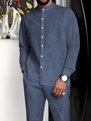 Men's minimalist Business Suit, Featuring a Stand Collar Long-Sleeved Button-Up Shirt and Straight-Cut Pants, with Solid Color and Simple Design, Exuding a Minimalist and Elegant Charm, Suitable for Business Meetings and Casu