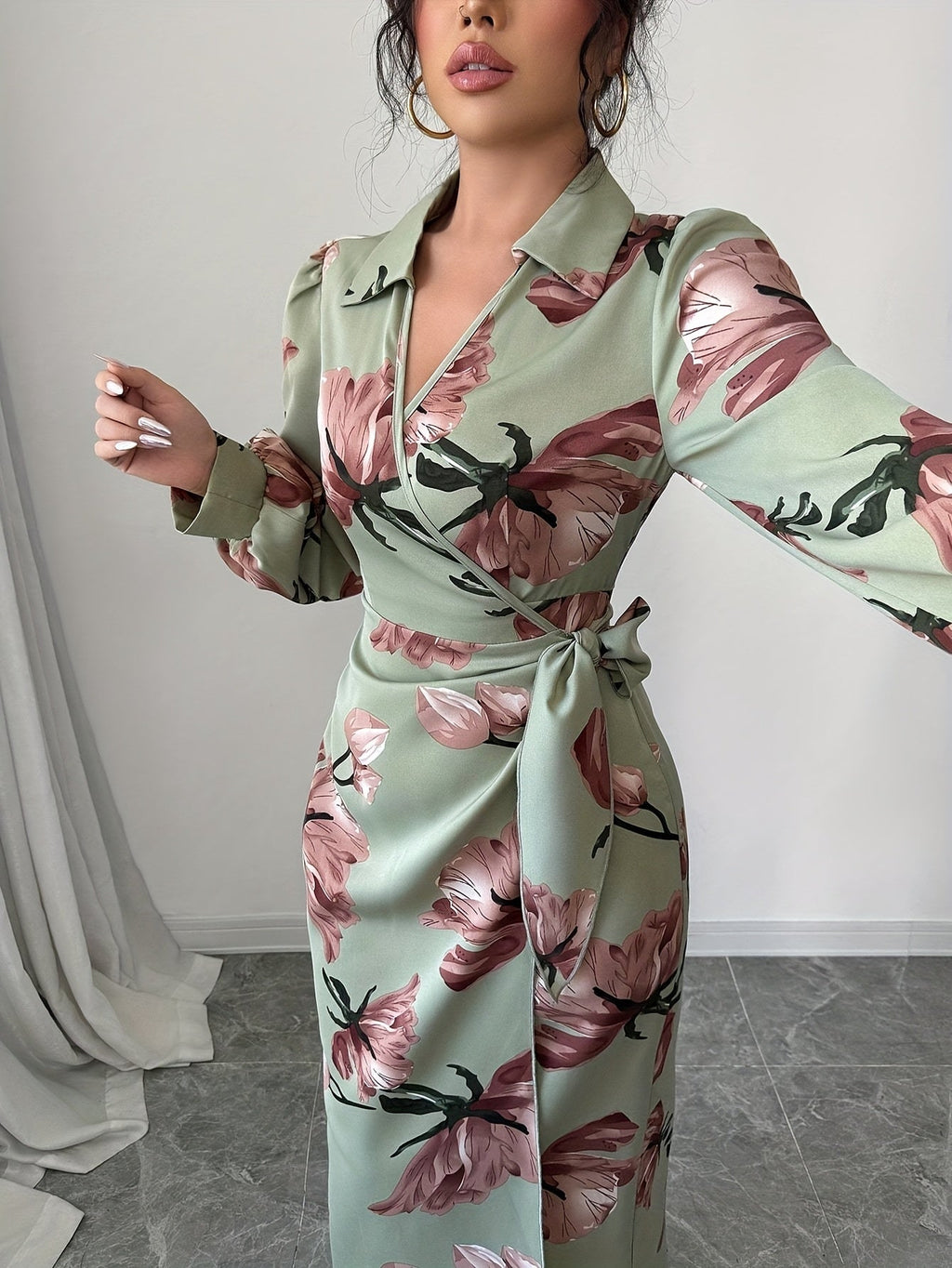 SHOWLU FASHION floral V-neck midi dress with long lantern sleeves, bodycon fit, featuring a vibrant floral pattern.