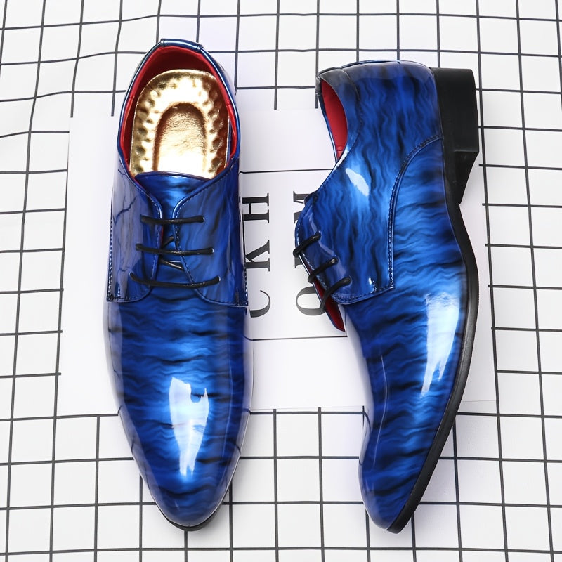 SHOWLU FASHION men's blue ripple glossy pointed toe dress shoes with sleek design, perfect for business and formal wear