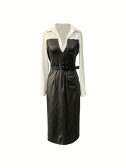 Elegant European and American Style Solid Color Patchwork Long Sleeve Dress for Women