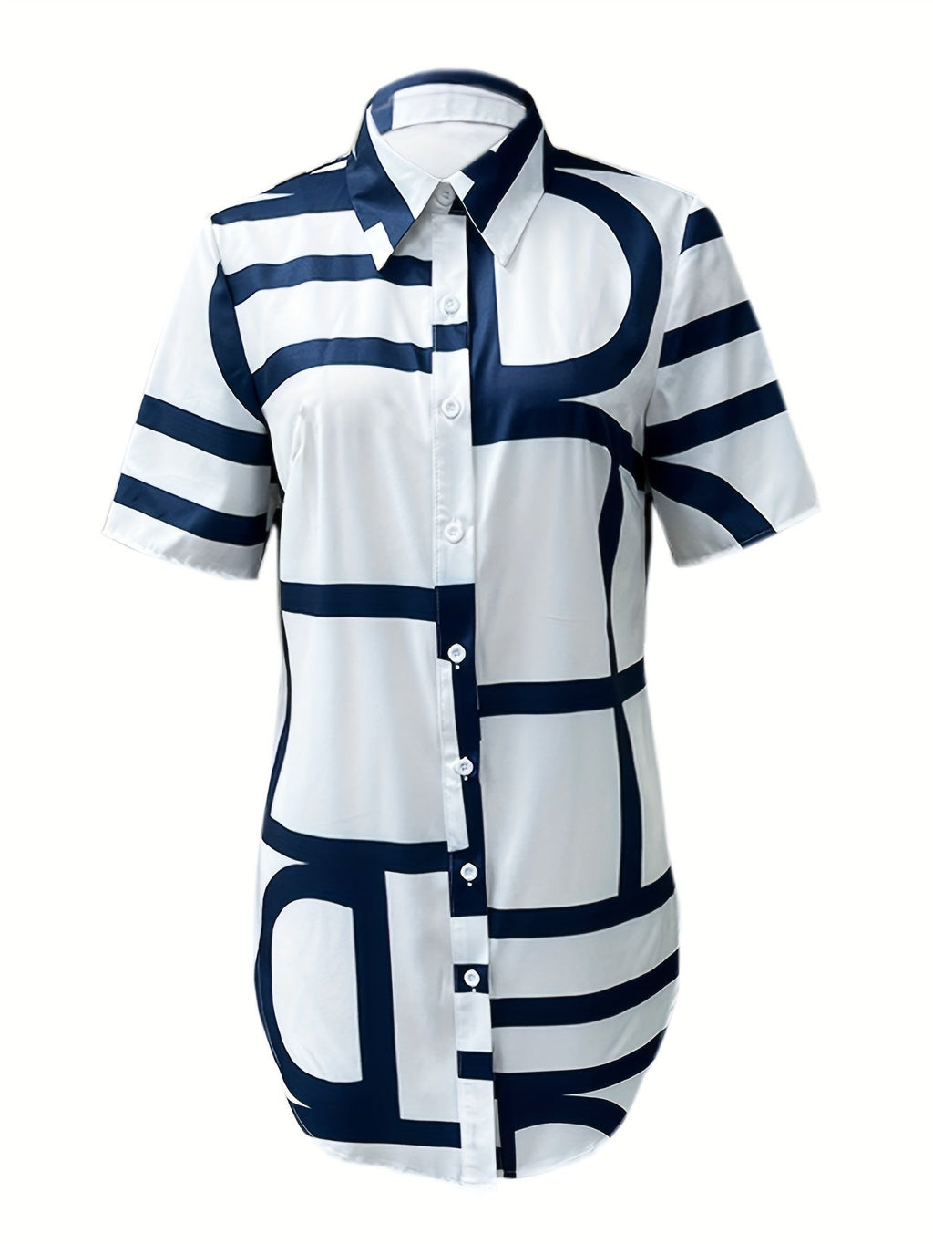 Women's geometric print short sleeve shirt by SHOWLU FASHION STORE, made of lightweight 100% polyester woven fabric.