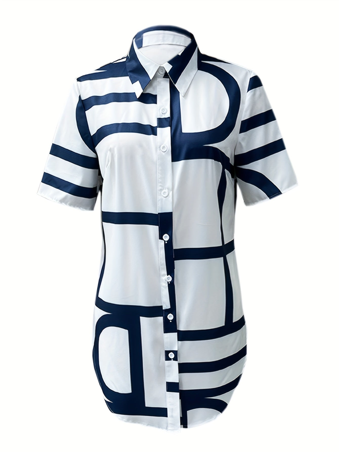 Women's geometric print short sleeve shirt by SHOWLU FASHION STORE, made of lightweight 100% polyester woven fabric.