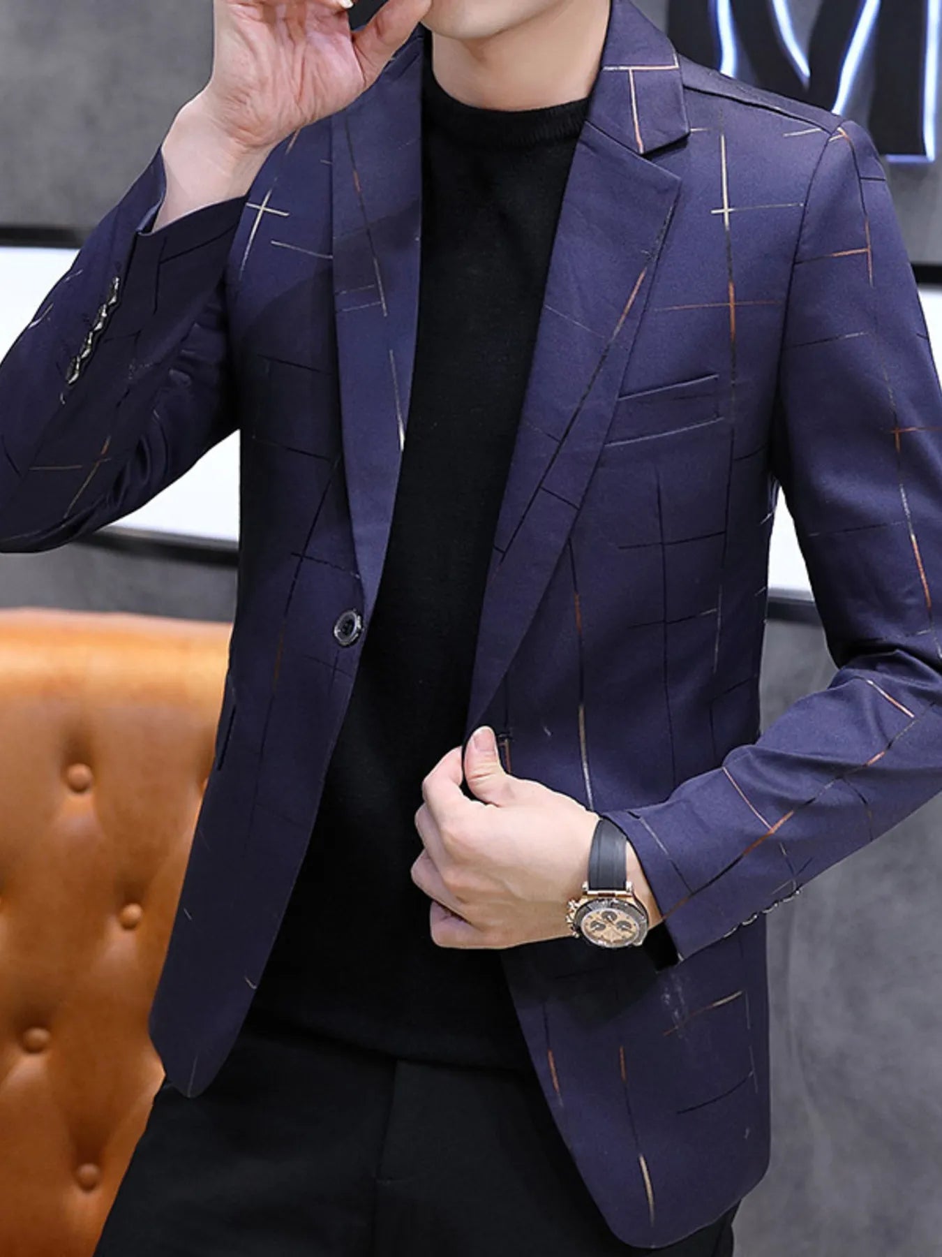 Plus size men's slim fit blazer with one button in black, featuring a tailored design and notch lapel from Trendsi.