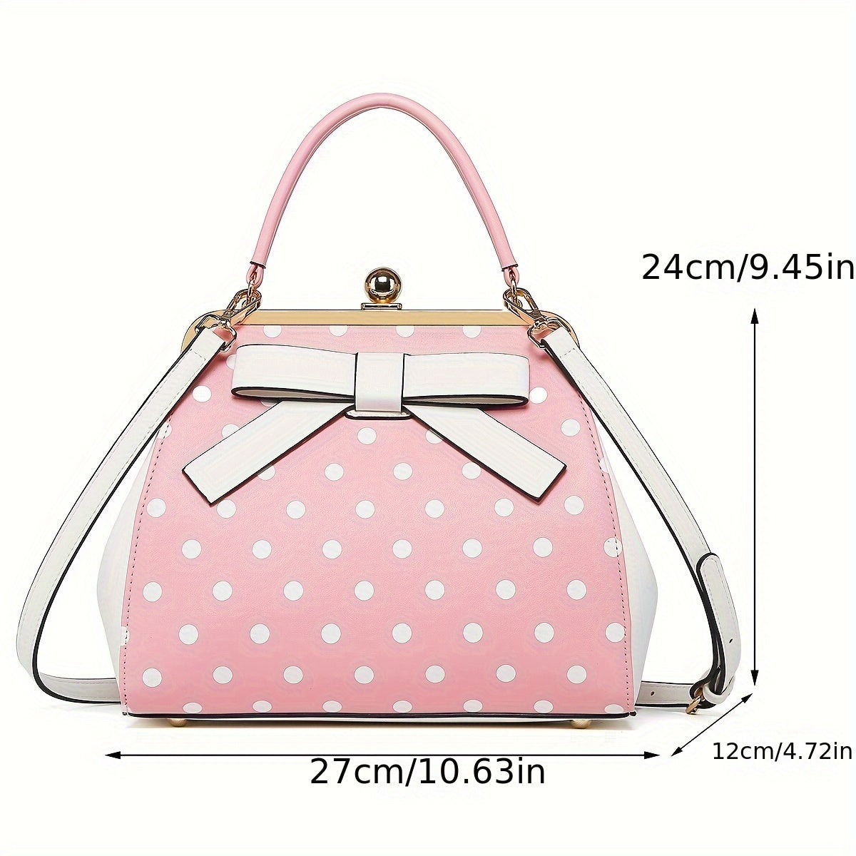 SHOWLU Polka dot patent leather handbag with bow, kiss lock closure, stylish accessory for women.